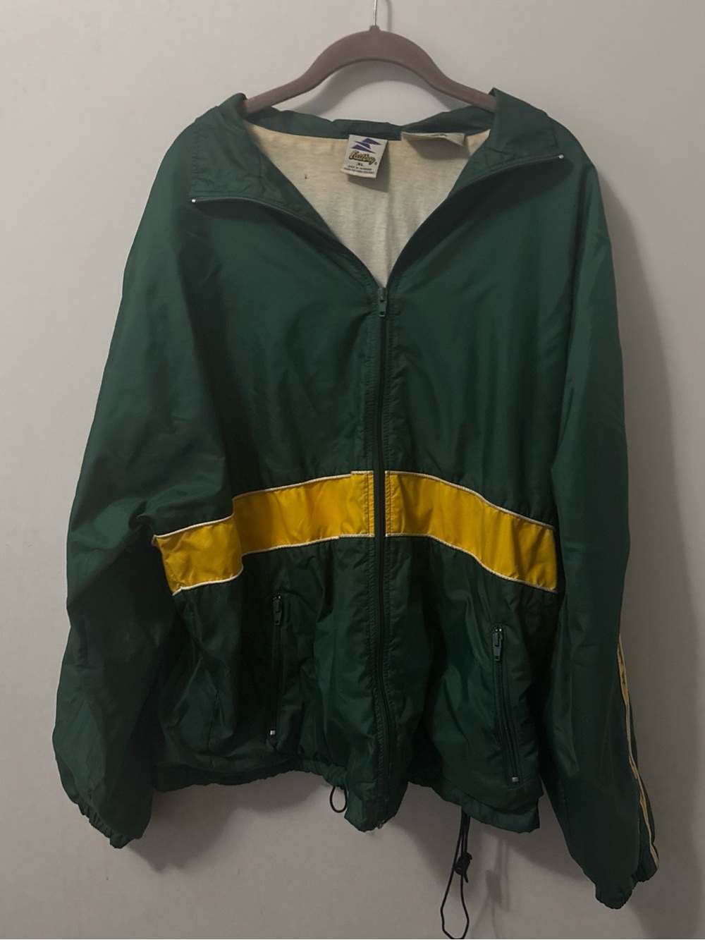 Vtg eastbay Men's Green Yellow Striped Windbreaker Jacket XL Full Zip Hooded y2k